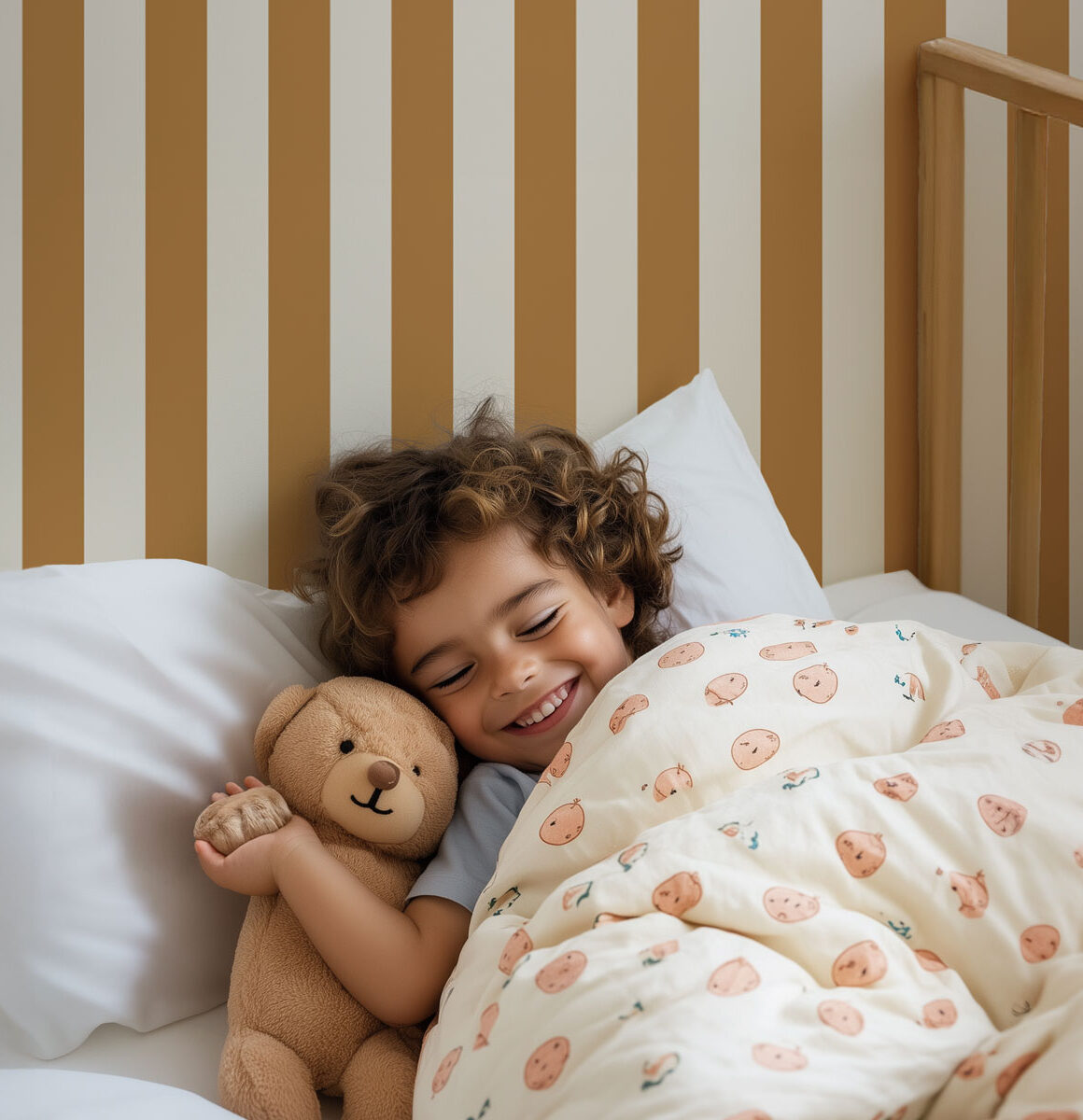 Papier peint à rayures verticales caramel et beige