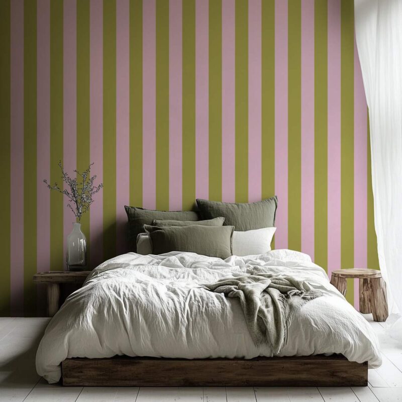 Papier peint rayures vertes pistache et rose poudré