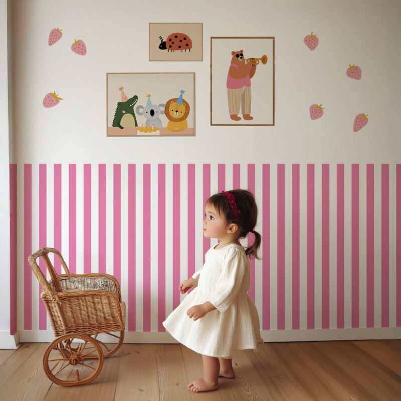Papier peint chambre fille rayures Rose et Blanc