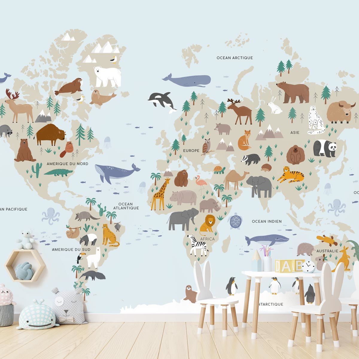 Papier peint carte du monde enfant alphabet bleu – Kam & Leon