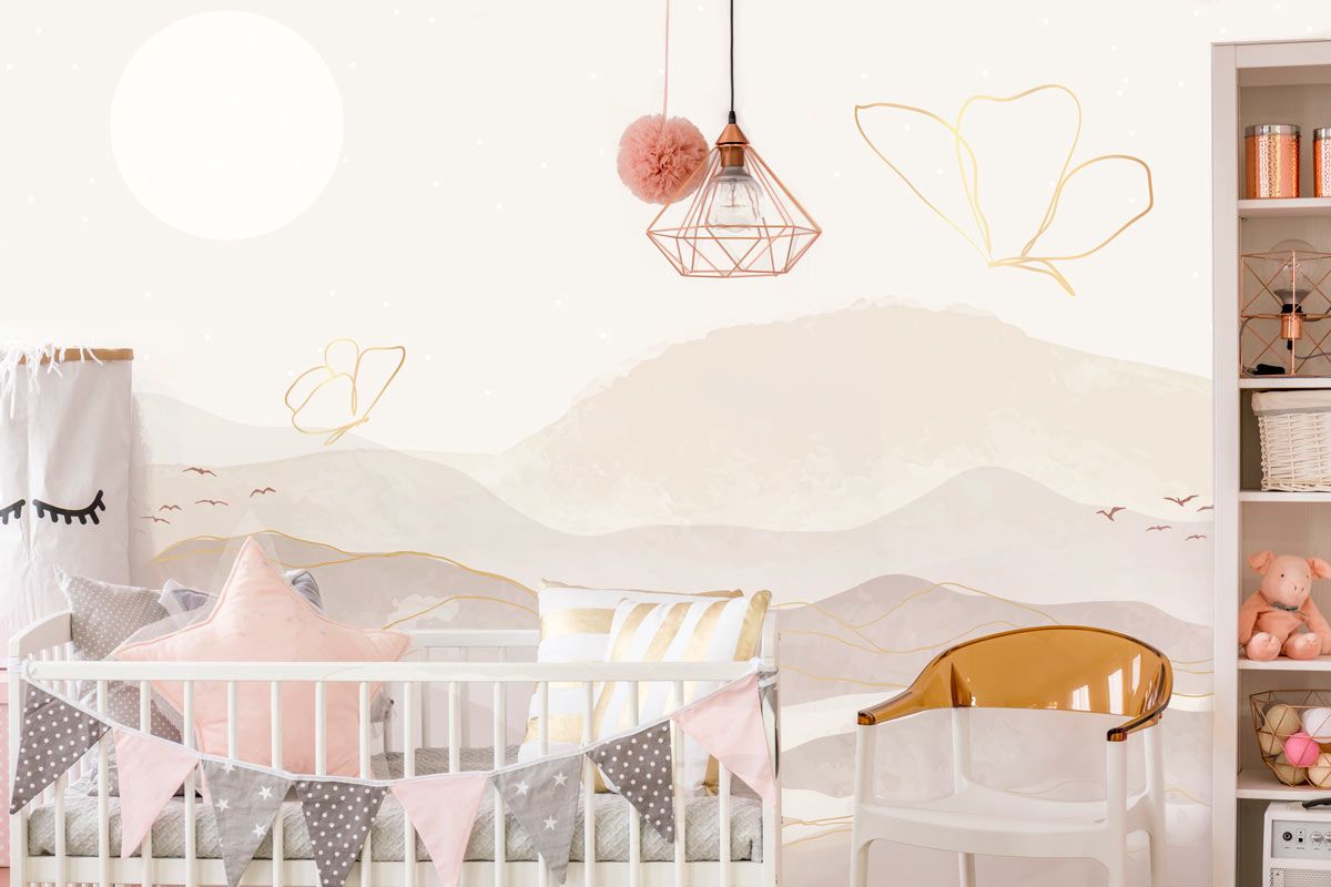 Papier peint Panoramique Beige Rose Chambre Fille - Babywall