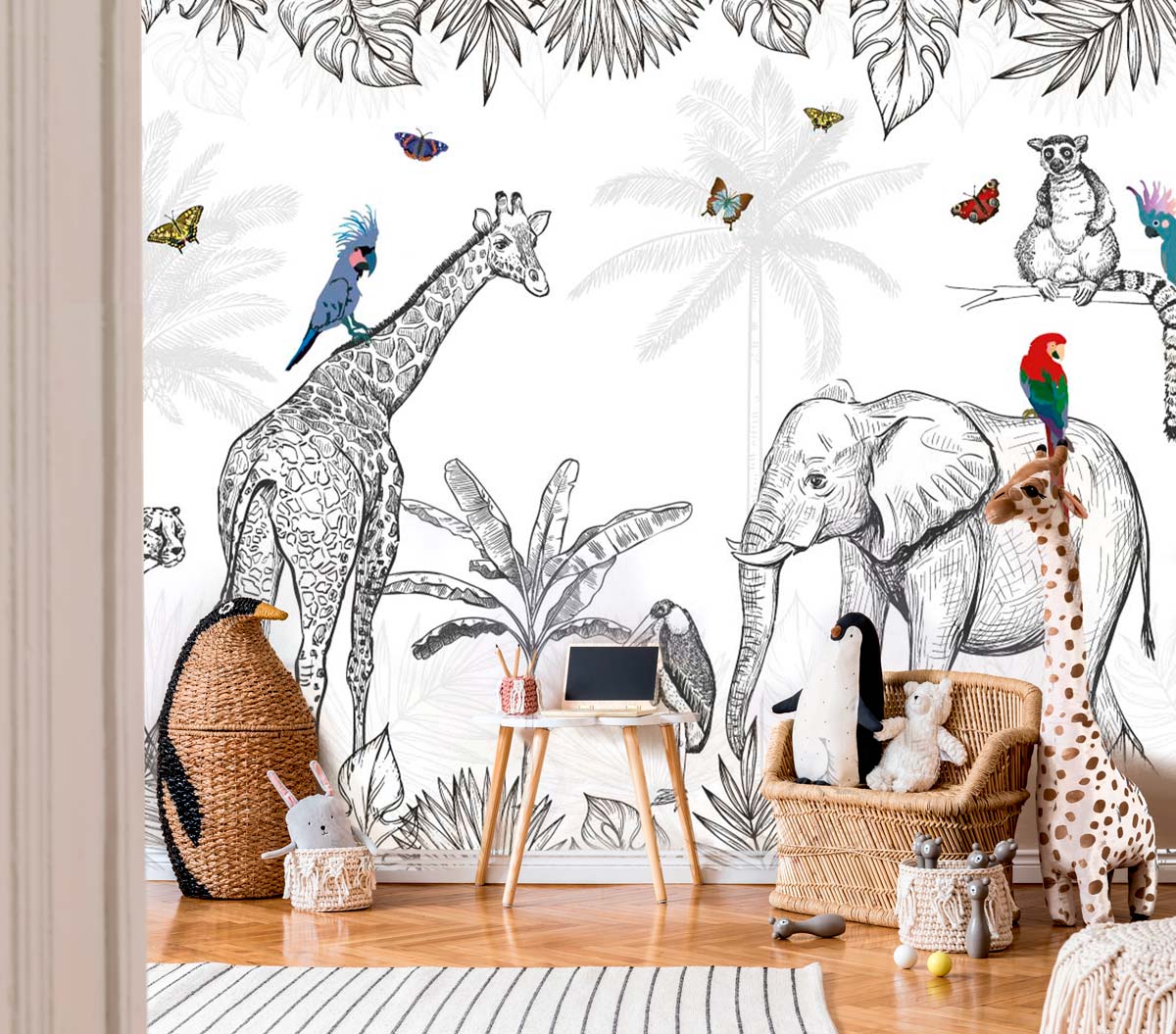 Papier peint panoramique tendance enfant jungle girafe