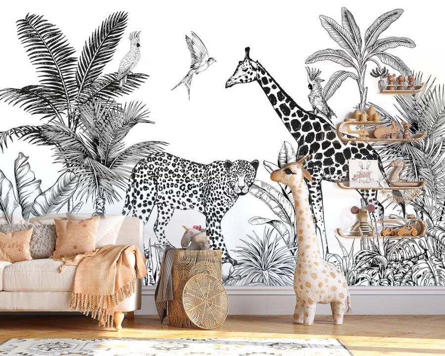 papier-peint-safari-enfant-noir-et-blanc