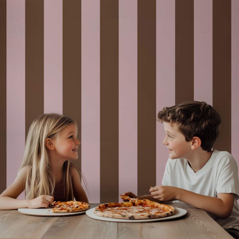 Papier peint salon à rayures Marron et rose pâle