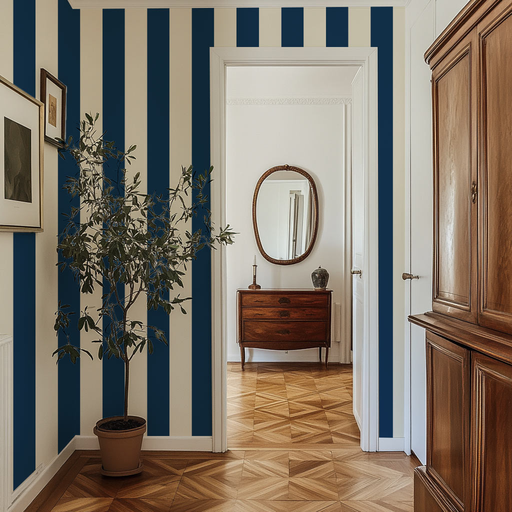 Papier peint à rayures bleu et blanc