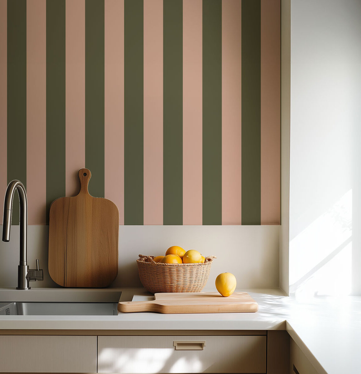 Papier peint cuisine bande rose et vert poudré tendance