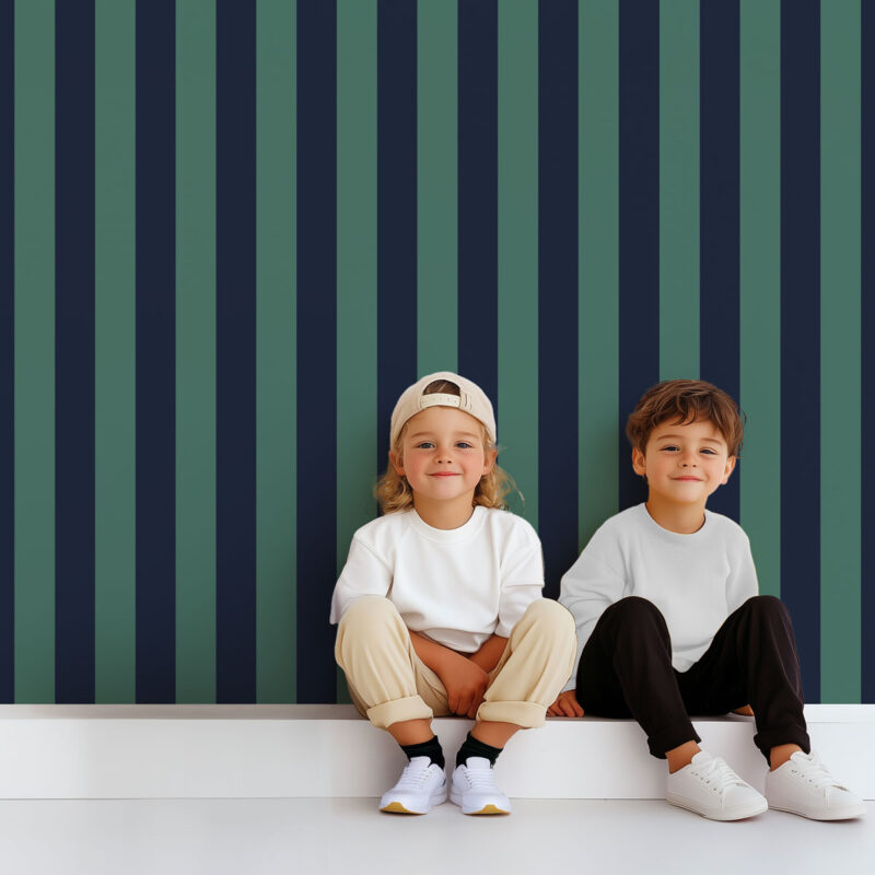 Papier peint chambre garçon rayures vert et bleu