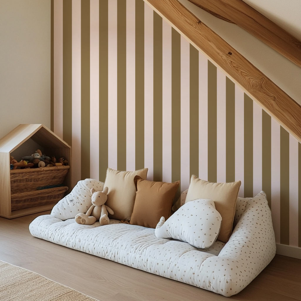 Papier peint à rayures kaki et crème