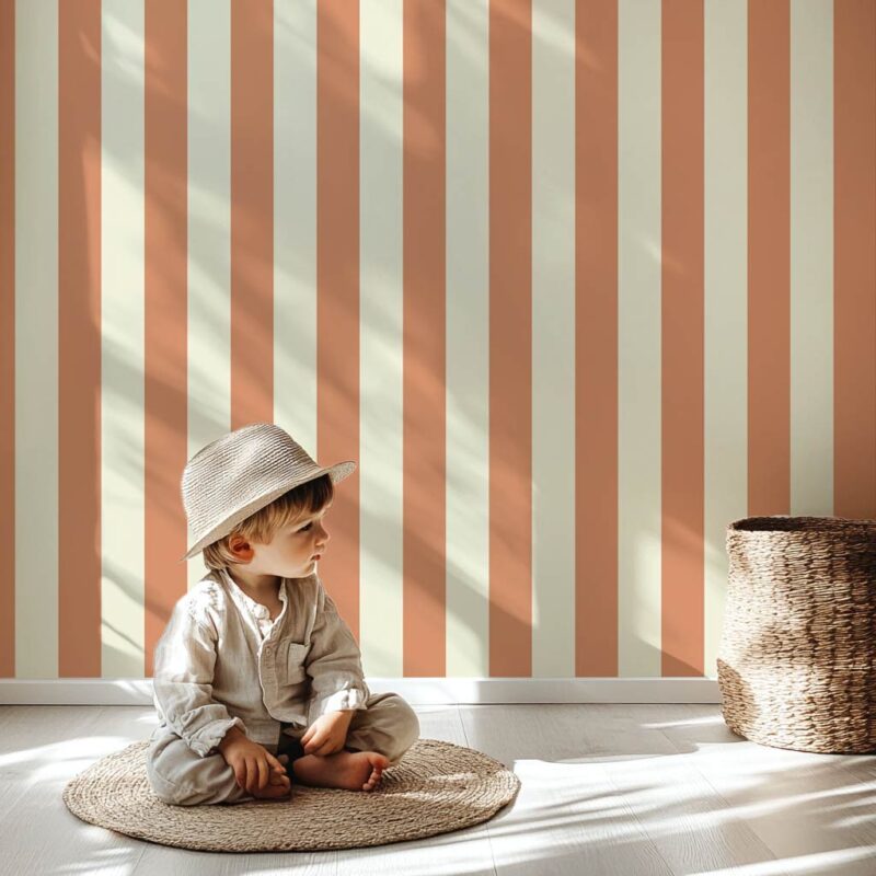 Papier peint rayures orange et blanc cassé