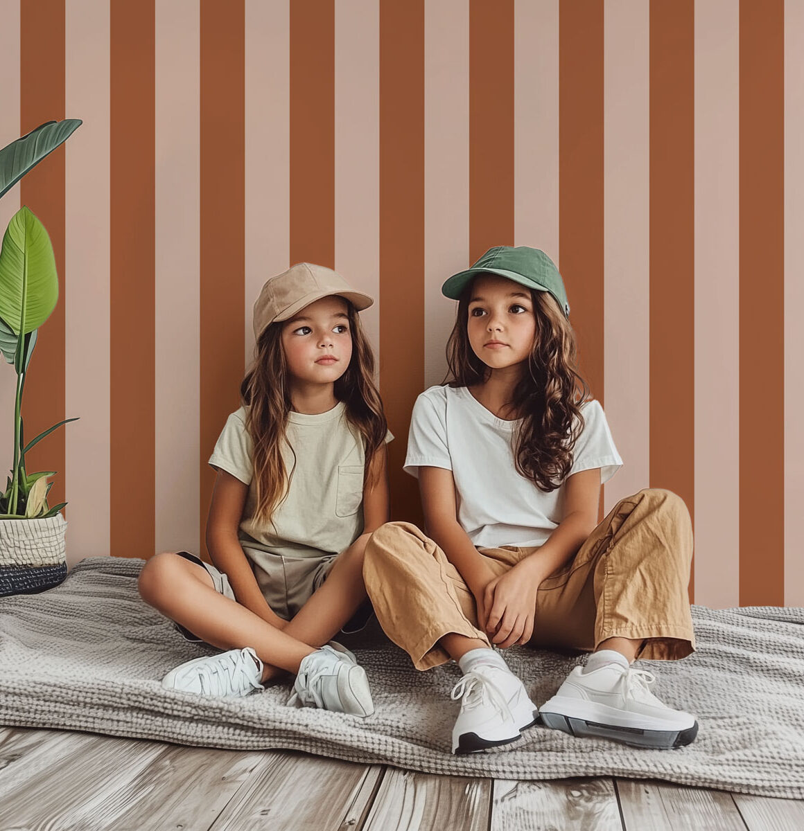 Papier peint rayures marron et beige rosé