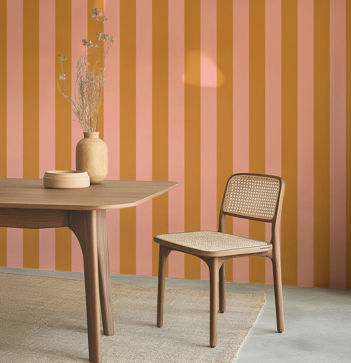 Papier peint coloré à rayures moutarde et rose poudré