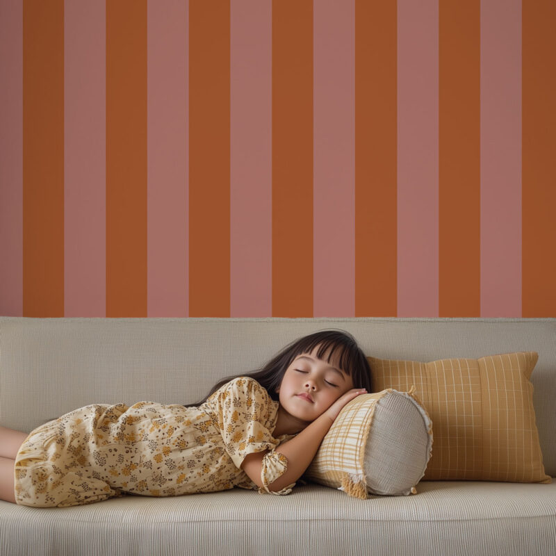 Papier peint chambre enfant rayures orange et rose