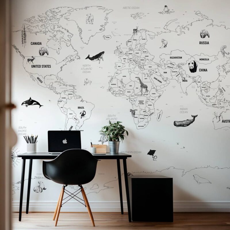 Papier-peint-Carte-du-monde-noir-et-blanc