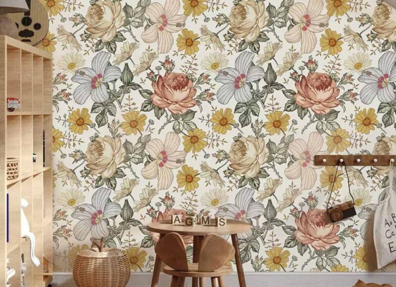 Papier-peint-a-fleurs-vintage-chambre-fille