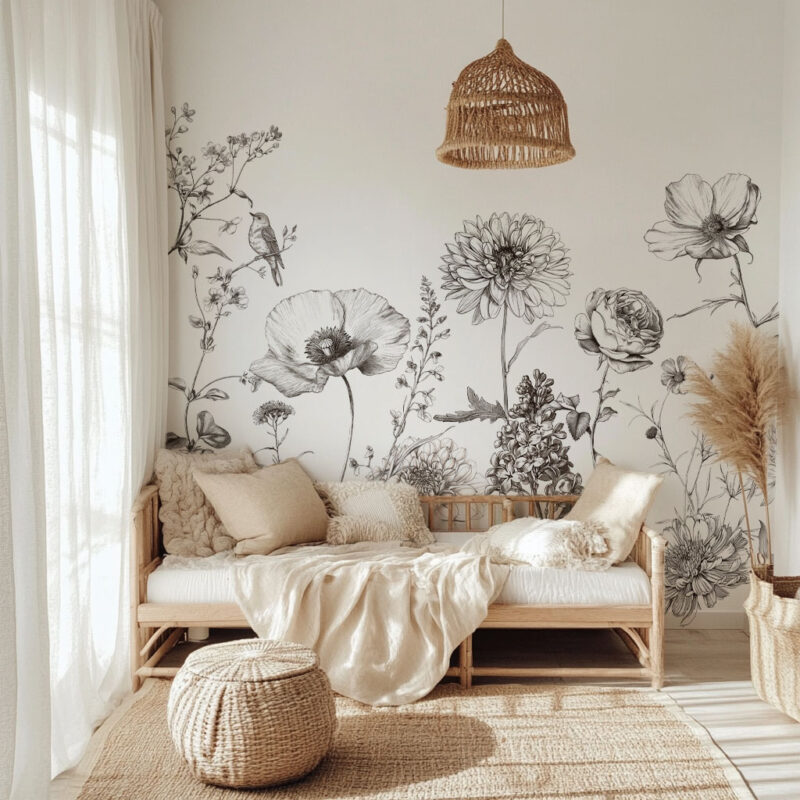 Papier-peint-fleurs-panoramique-noir-et-blanc