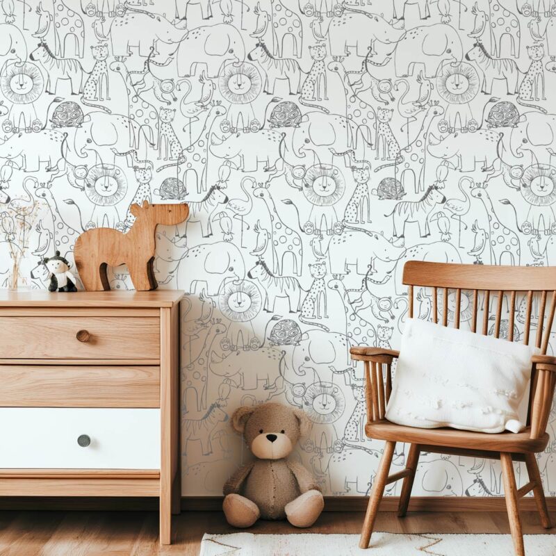 Papier-peint-jungle-enfant-noir-et-blanc