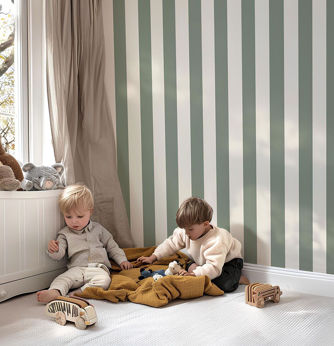 Papier peint rayure enfant vert sauge
