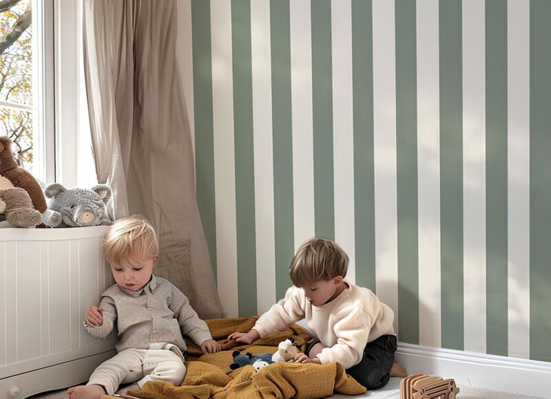 Papier peint rayure enfant vert sauge