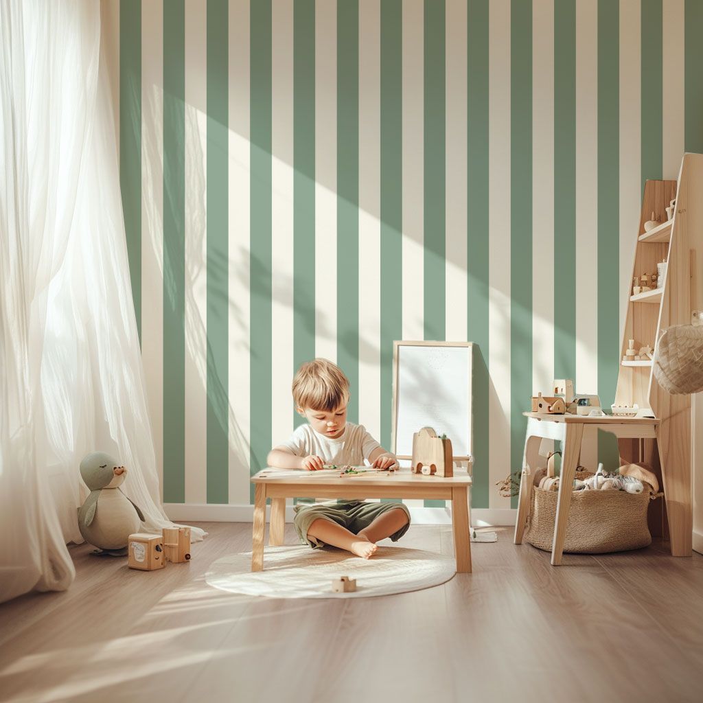Papier-peint-rayure-vert-sapin-enfant
