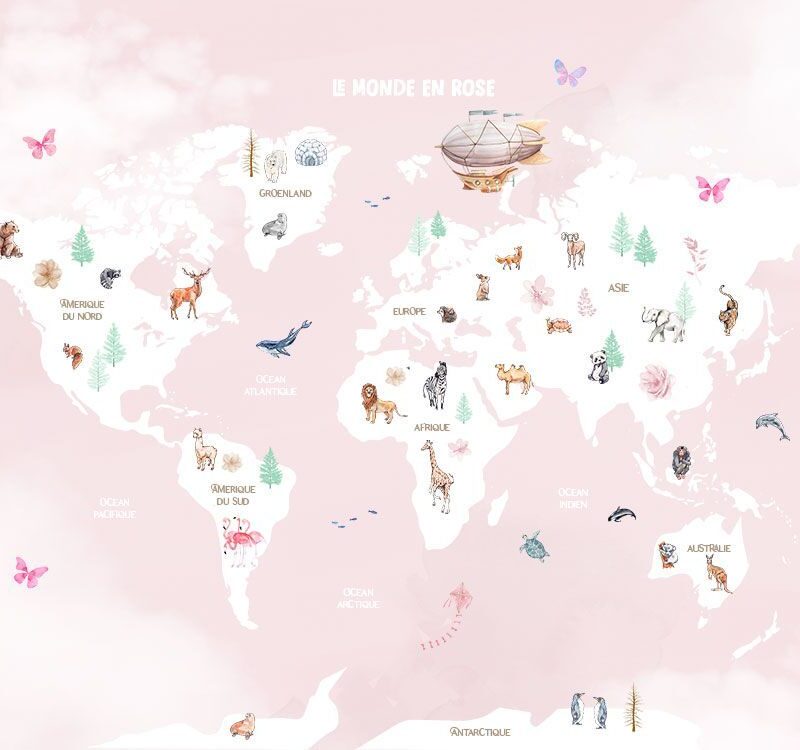Papier peint carte du monde nuages - rose – Image 2