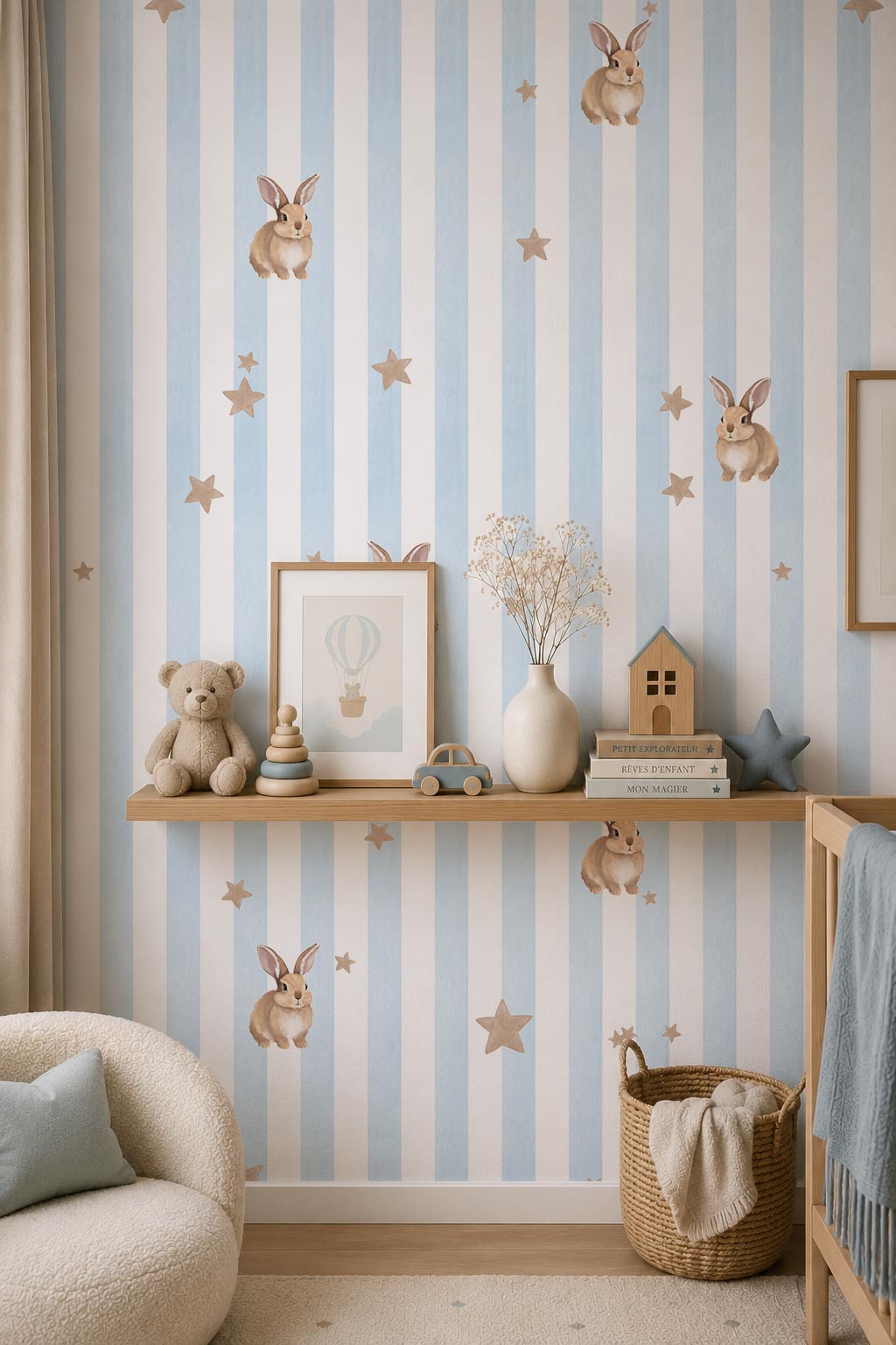 papier peint lapin et étoile rayure bleu