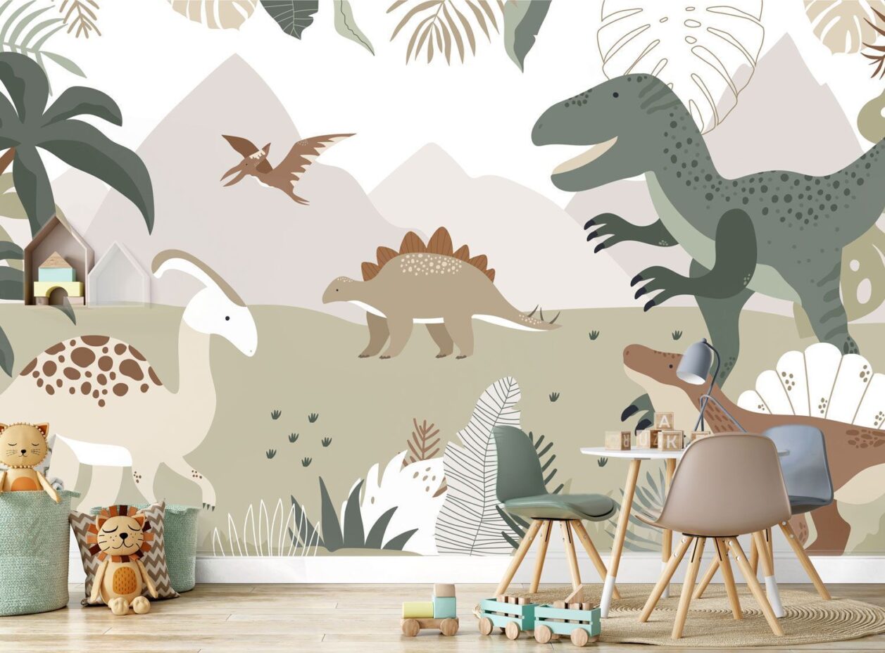 Papier Peint Dinosaure – 320x230 Cm, Multicolore, Pour Chambre D'enfant, Nicewall