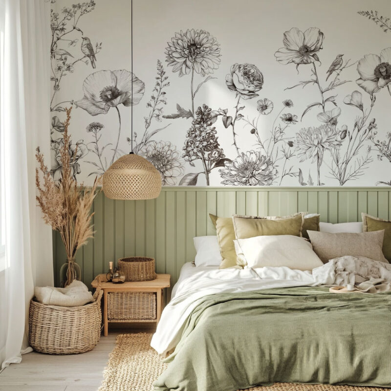 papier-peint-fleurs-en-noir-et-blanc