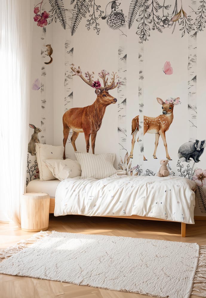papier-peint-forêt-fille-rose