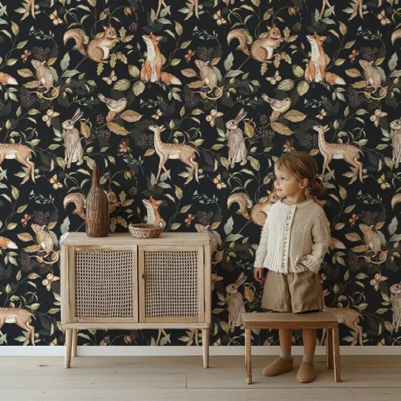 papier-peint-forêt-vintage-noir