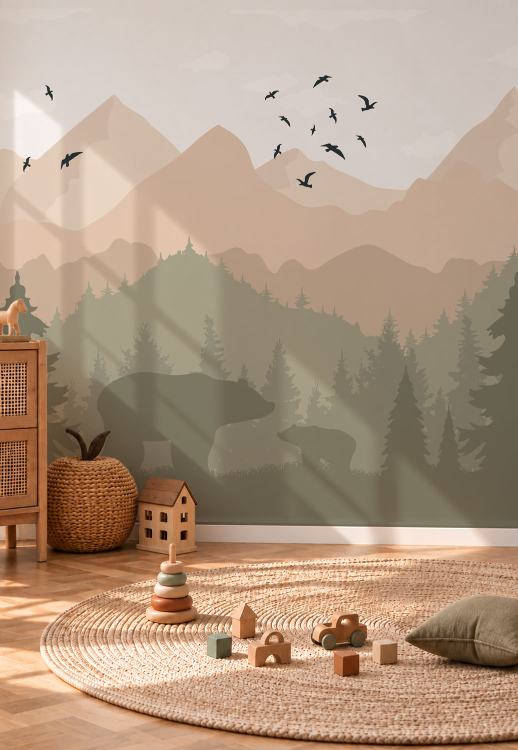 Jungle Sticker Map Panoramic Wallpaper for Kids “Mountains and Green Bear” - Babywall