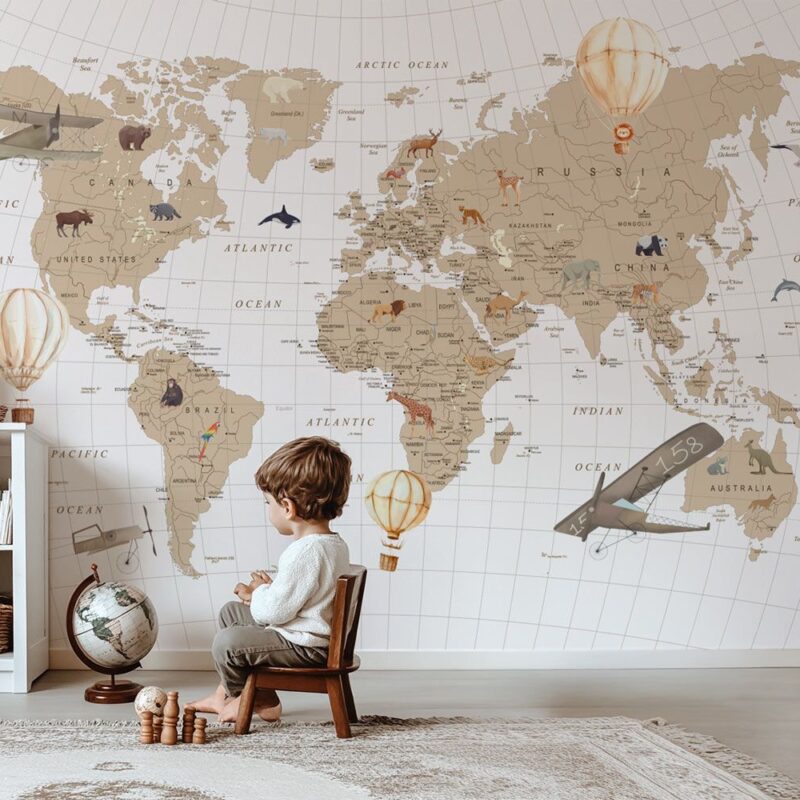 papier-peint-planisphère-beige-enfant