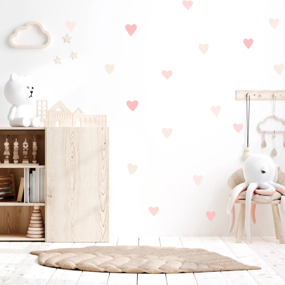 PREMYO Set De 32 Stickers Muraux Enfants Cœurs Rose Pastel - Autocollants Décoration Chambre Bébé